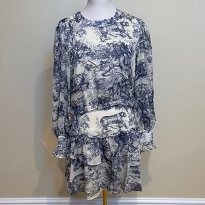 Moodie Blue White Toile Print Mini Dress Long Sleeve Tiered Boho Safari M